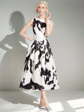 Yipinpay Vest, Long Dress, High Sense, Light Extravagant Round Collar, Waist Slim, Sleeveless A-Print, Large Pendulum Dress