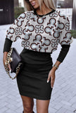 Yipinpay Independent Station Autumn New Fashion Printed Waist Round Collar Long-Sleeved Dress