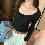 Yipinpay V Neckline Short Threaded Long-Sleeved T-Shirt Women's Autumn New Bottomed Shirt Design Niche Blouse