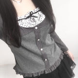 Girl Wind Holiday Two Wave Point Square Collar Spliced Button Blouse Girl 2024 Collision Color Small Bow Knot Wooden Ear T-Shirt