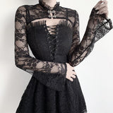 Yipinpay Horn Sleeve Black Collar V Inner Blouse The Court Tight Long-Sleeved Perspective Lace Bottomed Shirt