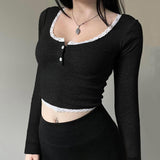 Ins Sweet And Spicy Lace Hit The Color Pit Strip Long-Sleeved Spicy Girls Short Navel Blouse Slim And Slim T-Shirt