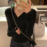 Yipinpay Sense V-Collar Button-Down Long-Sleeved T-Shirt Lady's New Style Pure Fashion Short Style Thin Bottom Shirt In Autumn And Winter