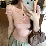Chic Design Big V-Collar Lace Collage Split Bow Short-Sleeved T-Shirt Women's Summer New Pure Korean Blouse
