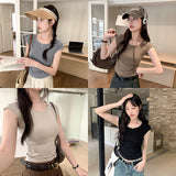 Korean Style Simple Shoulder Short-Sleeved T-Shirt Women's Summer Thin Style Design Feeling Solid Color Full-Fitting Spicy Girls Short-Style Blouse
