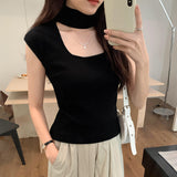 Design Sense Hanging Neck Shoulder Sleeveless Knitted Shirt Spring New Slim High Waist Short Vest Bottomed Blouse