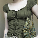 2024Ins Early Summer New Square Collar Slim To Show Thin Split Line Fashion Tie Vintage Short-Sleeved T-Shirt Woman