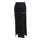 Yipinpay Dark 2024 Spring New High-Waisted Suede Double Split Fashion Leisure Spice Girl Full-Length Skirt