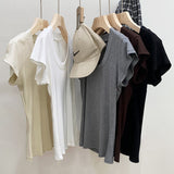 Yipinpay Version Simple Solid Color Threaded U-Collar Short-Sleeved T-Shirt Women Summer New Style Slim Look Thin Pure Desire Hot Girl Blouse Girl