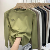 Yipinpay Velvet White Bottomed Shirt Women's Autumn And Winter New Style Embroidery Long-Sleeved Sanded T-Shirt Round Collar Blouse