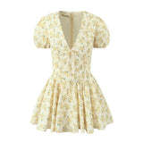 Yipinpay New Yellow Flower V-Neck Short-Sleeved Mini Dress