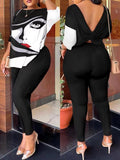 Yipinpay Autumn New Women's Fashion Leisure Bare-Back Printed Trousers Suit