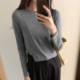 Yipinpay New Autumn And Winter Short Split Waist Bottomed T-Shirt With A Simple Round Neck And Long Sleeves For Women.