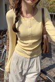 U-Neckline Button-Threaded, Small, Multi-Bottomed Shirt, New Long-Sleeved T-Shirt In Spring And Autumn Period.