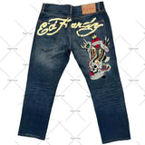 Yipinpay Street Jeans Men's Y2K Printed Hip-Hop Straight Tube Retro Loose Wide-Legged Jeans