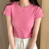 Classic Basic Grey Shoulder T-Shirt Women's Short-Sleeved Round-Necked T-Shirt Threaded To Show A Thin Blouse In Summer