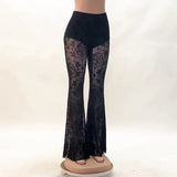 Yipinpay Women's Trousers 2024 Summer New Lace Perspective Sexy High-Waisted Flared Trousers