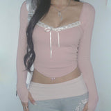 Pure Desire Atmosphere Tie-Up Small Sexy Square Collar Low-Cut Slim Pink Long-Sleeved T-Shirt 2024 Spring / Summer New Style