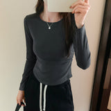 Yipinpay And Winter Square Collar Irregular Slim Bottomed Shirt Women Wear Spicy Girls Short Style Thin Waist Long Sleeved T-Shirt Shirt