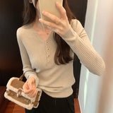 Yipinpay V-Collar Buckle Long-Sleeved Sweater Women's Autumn And Winter 2024 New Tight Bottomed Sweater With Underwear
