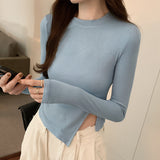 Yipinpay Collar Solid Color Forked Long-Sleeved Blouse Autumn And Winter New Spicy Girls Short Style Slim Irregular Long-Sleeved T-Shirt