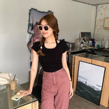 Pure Desire Hot Girls Design Sense To Hang Neck U-Collar Short-Sleeved T-Shirt Summer New Style Waist Shows Slim All Kinds Of Short Style Blouse Trend