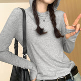 Yipinpay Hooded Solid Color Long-Sleeved T-Shirt Women's Early Autumn New Style Design Slim And Thin T-Shirt