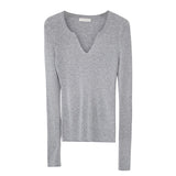 White V-Neck Knitted Long-Sleeved T-Shirt Women's New Spring And Summer Style Slim And Thin Bottomed Shirt With A Shoulder Blouse