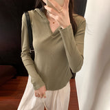 Yipinpay Basic Style Threaded Hooded Top Women's Autumn And Winter New Slim Short-Sleeved T-Shirt
