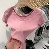 European V-Neck Shoulder T-Shirt Women's Short-Sleeved Summer New Slim And Skinny Short-Bottomed Blouse