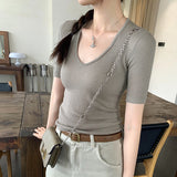 U Straight Shoulder Ice Silk Knitted Short-Sleeved T-Shirt Women 2024 Summer Thin Style Bottomed Shirt Slim Short Blouse