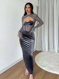 Yipinpay Fall Women's Wear New Style Plush Net Stitching Nightclub Style Hollowed-Out Dress Slim Dress