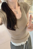Basic Solid Color U-Collar Short-Sleeved T-Shirt Women's New Springy Slim, Simple And Easy To Wear In Summer