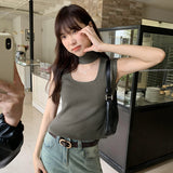 Design Sense Hanging Neck Shoulder Sleeveless Knitted Shirt Spring New Slim High Waist Short Vest Bottomed Blouse