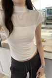 Spicy Girls Foreign Style Simple Net Gauze Spliced Half-High-Collar T-Shirt Spring And Summer New Thin Solid Color Short-Sleeved Blouse