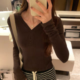 Yipinpay Sense V-Collar Button-Down Long-Sleeved T-Shirt Lady's New Style Pure Fashion Short Style Thin Bottom Shirt In Autumn And Winter