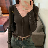 Yipinpay Style Breasted Large V-Necked Knitted Sweater Women's Autumn And Winter New Long-Sleeved Cardigan And Short Blouse