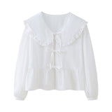 Yipinpay New Spring Doll Tie Casual Loose Solid Color Shirt