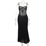 Yipinpay Spring 2024 New Sexy Hip Skirt Dark Style Slim Micro-Transparent Mesh Dress Woman