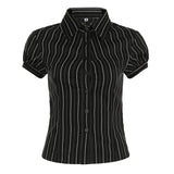 Vintage Striped Bubble Sleeve Blouse With Thin Waist And POLO Collar Button Cardigan Short Sleeved T-Shirt