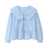 Yipinpay New Spring Doll Tie Casual Loose Solid Color Shirt