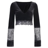 Yipinpay Long-Sleeved Bottomed Shirt Sexy Perspective Navel T-Shirt Ins Lace Flared Sleeve Slimming Blouse