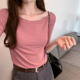 Yipinpay Solid Color Word Shoulder Slim Shows The Thin Bottom Shirt The Girl Autumn New Design Sense Middle Sleeve T-Shirt Hot Girl Blouse