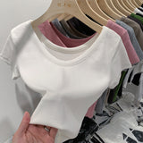 European V-Neck Shoulder T-Shirt Women's Short-Sleeved Summer New Slim And Skinny Short-Bottomed Blouse