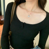 Yipinpay V Neckline Short Threaded Long-Sleeved T-Shirt Women's Autumn New Bottomed Shirt Design Niche Blouse