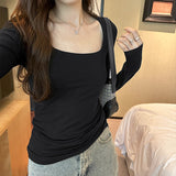 Yipinpay Collar Spice Girl Shoulder Long-Sleeved T-Shirt A New Autumn Style Slim And Thin Bottomed Shirt With A Pure Desire Blouse