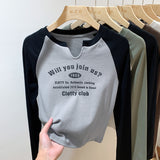 European Shoulder V-Collar T-Shirt Women's Long-Sleeved Spring And Autumn Decoration With Threaded Bottomed Shirt And Short High-Waist Chic Blouse
