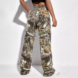 Yipinpay Large Pocket Loose Straight Trousers Spring And Autumn New Individualized Printed Camouflage Floor Mopping Overalls