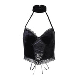 Yipinpay Dark Lace Lace Suede Sling Neck Top 2024 Winter Sexy Vest