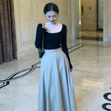 Yipinpay The Spring Of 2024, European Products Wear A Long-Sleeved T-Shirt Blouse To Show Their Breasts, Slim Their Breasts, And Tighten Their Collarbones, Large U-Necks, Square Neckline And Bottom Shirts.